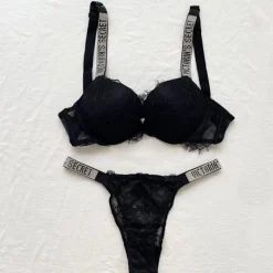 Sittsäckar>Sexiga underkläder Komfort Damset Push Up BH Victoria's Secret Underklädesset Kvinnliga underkläder Vetement Femme Spets svart 75C