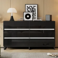 Byråer>Sideboard för vardagsrum 140x39,5x78,5 cm, byrå med 6 lådor, 3 metallben, högblank vit & svart, hög lastkapacitet