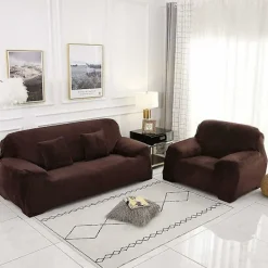 Soffor>2-sits soffaöverdrag enfärgad sammet skyddande överdrag enkel passform stretch tyg maskintvättbar sofföverdrag, 2-sits: 145-185 cm, brun