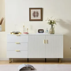 Sideboards>Skänk 160 cm med 2 dörrar & 3 lådor - MDF med guldhandtag & stålben, brun