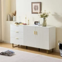Sideboards>Skänk 160 cm med 2 dörrar & 3 lådor - MDF med guldhandtag & stålben, brun