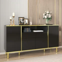 Sideboards>Skänk, blanksvart byrå med 1 låda, byrå, sovrumsbyrå, blanksvart skänk – B150/T40/H80cm