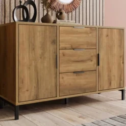 Sideboards>Skänk med 2 dörrar och 3 lådor, 120 x 40 x 76 cm i mörk ek, justerbar hylla, skänk highboard för sovrum och alla vardagsrum