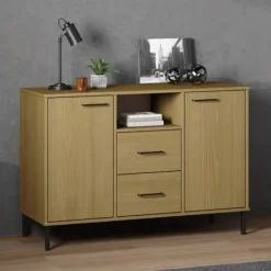 vidaXL Sideboards>Skänk med metallben OSLO brun 113x40x77 cm massivt trä