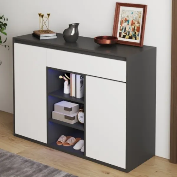 Skåp>Skoskåp med 2 dörrar och låda - Justerbart skoställ för 12-17 par, svart/vit