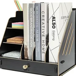 Kontorsmöbler>Skrivbordsorganisatör i trä med lådor - dokumentförvaring i tre nivåer - rymmer A4-dokument (svart)