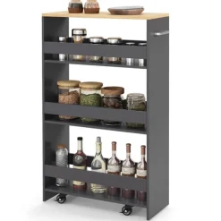 Northix Köksö>Smal 4-vånings köksvagn, 20 cm bred, grå, på hjul