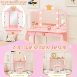 Northix Sminkbord>Sminkbord för barn med belysning, sminkbord för tjejer med trefaldig spegel, rosa