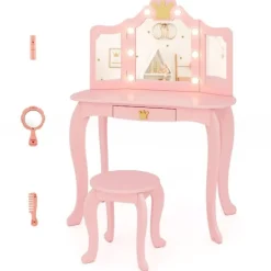 Northix Sminkbord>Sminkbord för barn med belysning, sminkbord för tjejer med trefaldig spegel, rosa