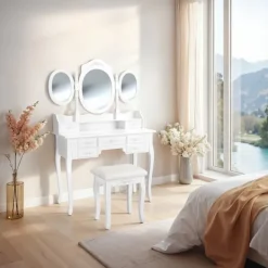 Sminkbord>Sminkbord med 7 byrålådor, med sminkspegel och pall