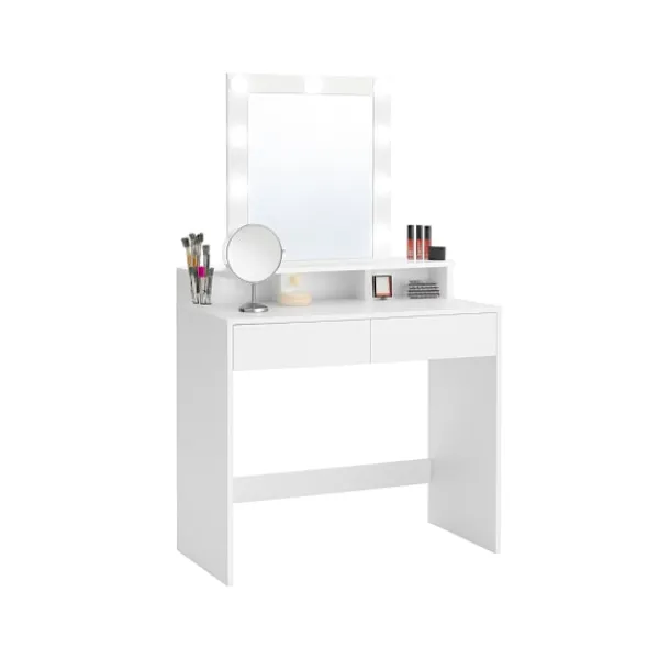 Pavil Sminkbord>Sminkbord med LED-belysning med 2 Lådor och 3 Öppna fack, Modern Toalettbord, Vitt