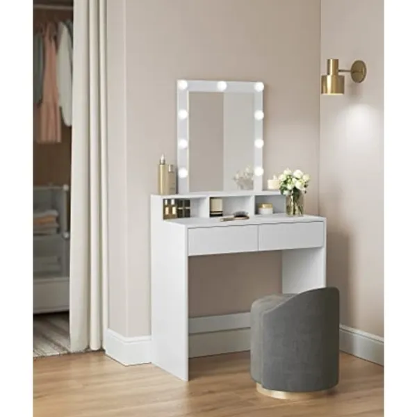 Pavil Sminkbord>Sminkbord med LED-belysning med 2 Lådor och 3 Öppna fack, Modern Toalettbord, Vitt