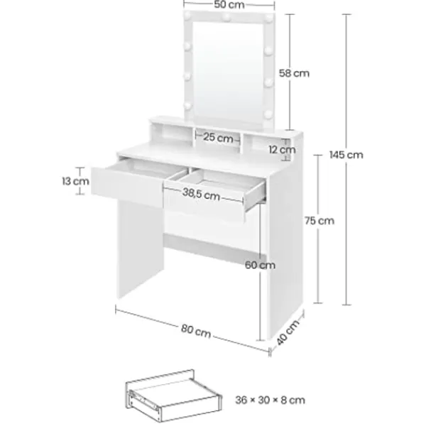 Pavil Sminkbord>Sminkbord med LED-belysning med 2 Lådor och 3 Öppna fack, Modern Toalettbord, Vitt