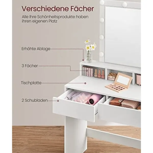 Pavil Sminkbord>Sminkbord med LED-belysning med 2 Lådor och 3 Öppna fack, Modern Toalettbord, Vitt