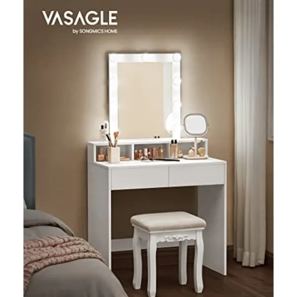 Pavil Sminkbord>Sminkbord med LED-belysning med 2 Lådor och 3 Öppna fack, Modern Toalettbord, Vitt