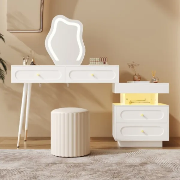 Sminkbord>Sminkbord med LED-spegel och belysning, 140x40x130cm, med 4 lådor och förvaringsfack, professionellt sminkbord, vit