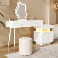 Sminkbord>Sminkbord med LED-spegel och belysning, 140x40x130cm, med 4 lådor och förvaringsfack, professionellt sminkbord, vit