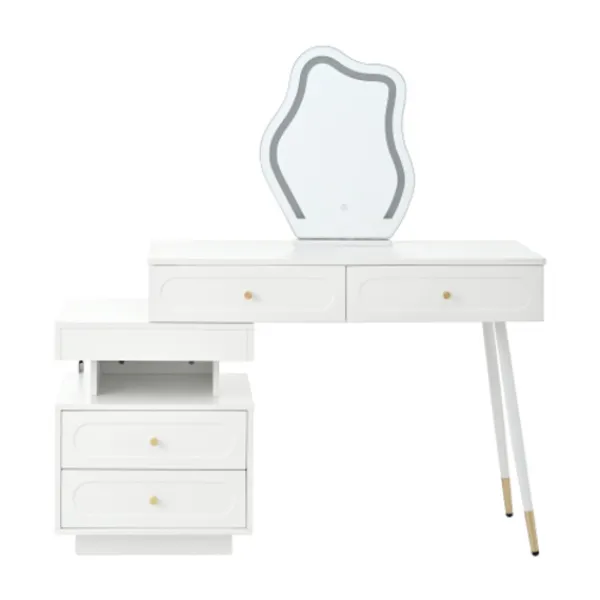 Sminkbord>Sminkbord med LED-spegel och belysning, 140x40x130cm, med 4 lådor och förvaringsfack, professionellt sminkbord, vit