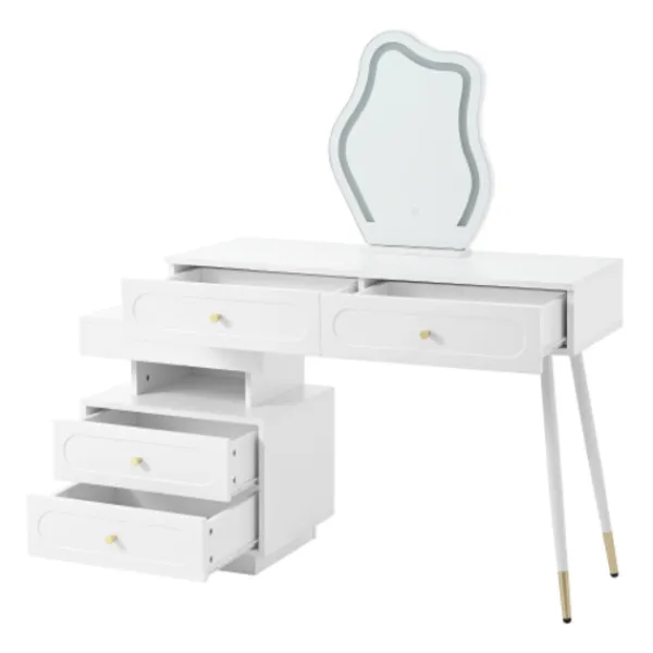 Sminkbord>Sminkbord med LED-spegel och belysning, 140x40x130cm, med 4 lådor och förvaringsfack, professionellt sminkbord, vit