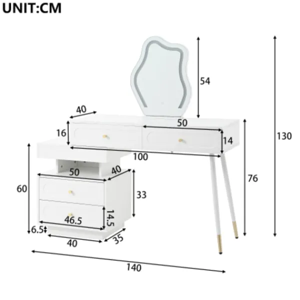 Sminkbord>Sminkbord med LED-spegel och belysning, 140x40x130cm, med 4 lådor och förvaringsfack, professionellt sminkbord, vit