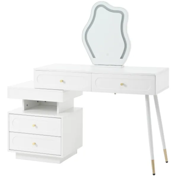 Sminkbord>Sminkbord med LED-spegel och belysning, 140x40x130cm, med 4 lådor och förvaringsfack, professionellt sminkbord, vit