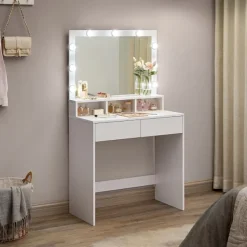 Vasagle Sminkbord>Sminkbord med spegel och LED-belysning – Vit