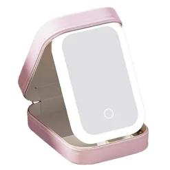 Sminkbord>Sminkbord med spegel och justerbar LED-belysning i tre färger, LED-sminkspegel, kosmetisk förvaringslåda, högkvalitativ smyckeskrin, rosa Y