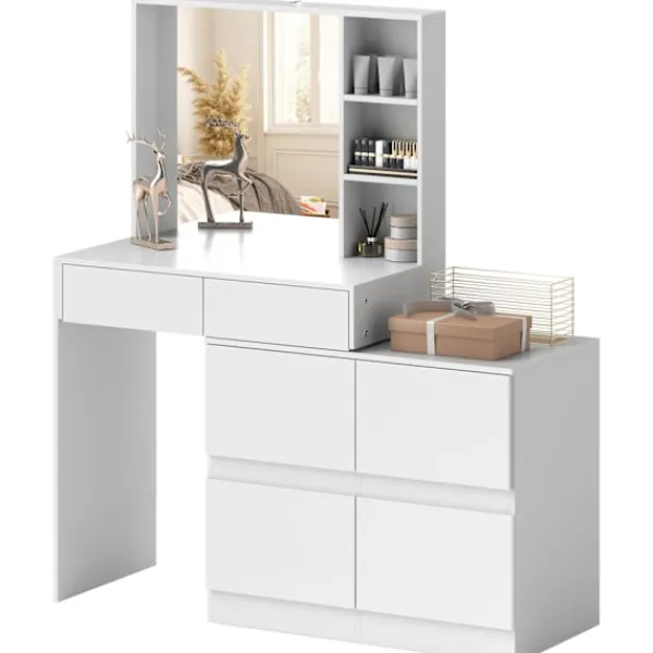 Northio Sminkbord>Sminkbord med spegel, tryckbara mekanismer, mångsidiga monteringsmöjligheter, sminkbord med 4 lådor, 3 öppna hyllor och 2 skåp, vit Aosom