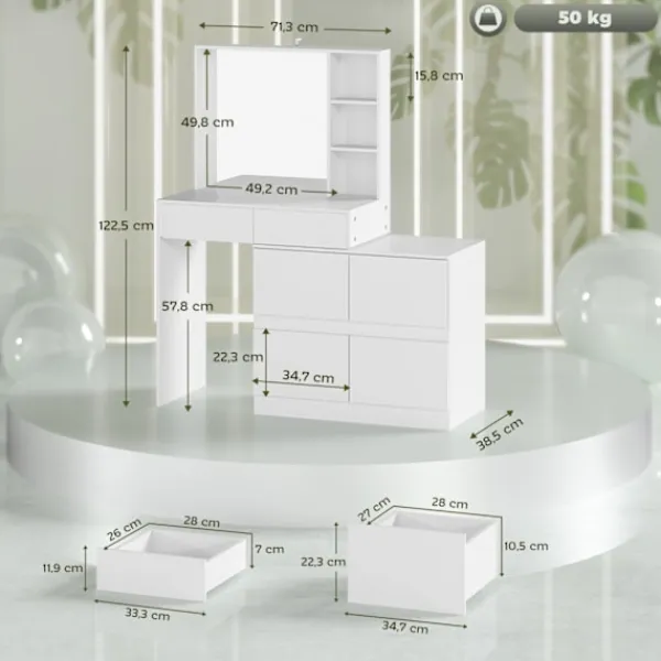 Northio Sminkbord>Sminkbord med spegel, tryckbara mekanismer, mångsidiga monteringsmöjligheter, sminkbord med 4 lådor, 3 öppna hyllor och 2 skåp, vit Aosom