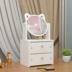 Sminkbord>Sminkspegel med kosmetiska organiseringslådor och 360 graders vridbart spegel