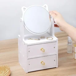 Sminkbord>Sminkspegel med kosmetiska organiseringslådor och 360 graders vridbart spegel