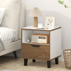 Sängar>Sängbord / sidobord med låda och hylla – Natur/vit