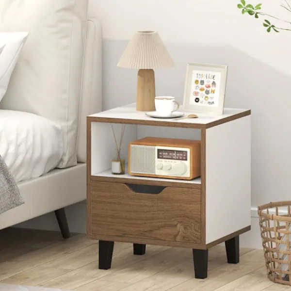 Sängar>Sängbord / sidobord med låda och hylla – Natur/vit