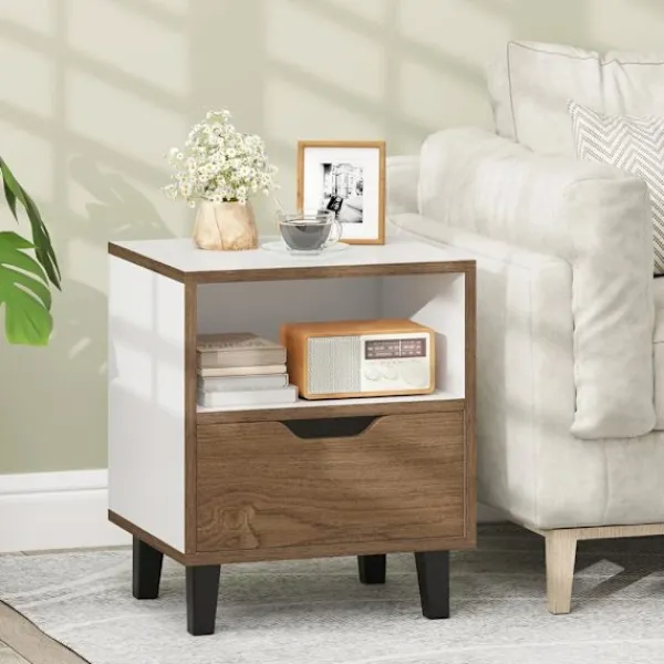 Sängar>Sängbord / sidobord med låda och hylla – Natur/vit