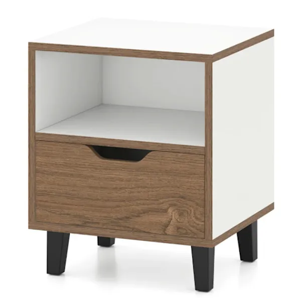 Sängar>Sängbord / sidobord med låda och hylla – Natur/vit