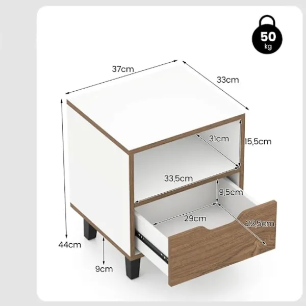 Sängar>Sängbord / sidobord med låda och hylla – Natur/vit