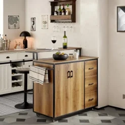 SoBuy Köksö>mörkbrun köksö med hjul 106x49x105cm, industriell KNL02-PF