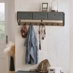 SoBuy Hyllor>Väggmonterad klädhängare med 1 hylla i träfärg 100x30x20cm, industriell FHK26-N