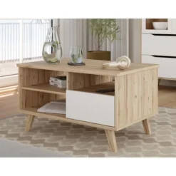 AUCUNE Soffbord>Soffbord - VANKKA - Rektangulärt - Ek / Mattvit - Träben - 90 x 60 x 51,8 cm