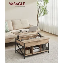 Pavil Soffbord>Soffbord, Höj- Och Sänkbart Vardagsrumsbord, Soffbord, Öppet Och Dolt Förvaringsutrymme, X-stag, 60 X 100 X (48-62) Cm, Kamelbrun/svart