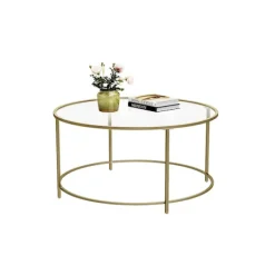 Rootz Living Soffbord>Soffbord Rootz - Runt soffbord med glasyta - Runt sidobord - Sidobord i metallben - Snyggt runt sidobord - Härdat glas - Guld - 84 x 84 x 45,5 cm ((L | Fyndiq