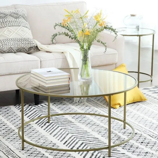 Rootz Living Soffbord>Soffbord Rootz - Runt soffbord med glasyta - Runt sidobord - Sidobord i metallben - Snyggt runt sidobord - Härdat glas - Guld - 84 x 84 x 45,5 cm ((L | Fyndiq