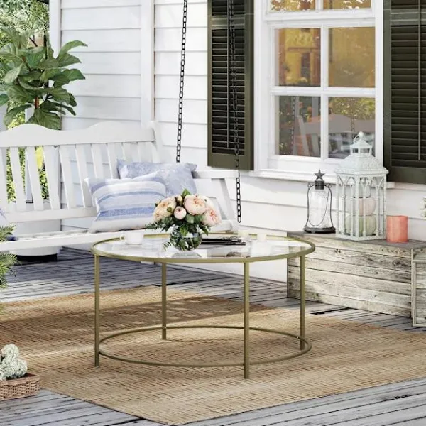 Rootz Living Soffbord>Soffbord Rootz - Runt soffbord med glasyta - Runt sidobord - Sidobord i metallben - Snyggt runt sidobord - Härdat glas - Guld - 84 x 84 x 45,5 cm ((L | Fyndiq