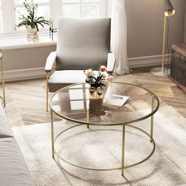 Rootz Living Soffbord>Soffbord Rootz - Runt soffbord med glasyta - Runt sidobord - Sidobord i metallben - Snyggt runt sidobord - Härdat glas - Guld - 84 x 84 x 45,5 cm ((L | Fyndiq