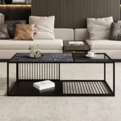 Soffbord>soffbord, smidesjärnssoffbord med glas, stort förvaringsutrymme