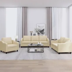 vidaXL Soffor>Soffgrupp med dynor 3 delar Gräddvit tyg