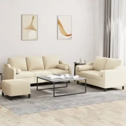 vidaXL Soffor>Soffgrupp med kuddar 3 delar gräddvit tyg