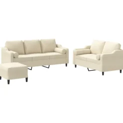 vidaXL Soffor>Soffgrupp med kuddar 3 delar gräddvit tyg