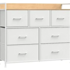 Pavil Byråer>Songmics byrå, garderob, förvaringsenhet, 7 lådor i tyg med handtag, metallram, vit