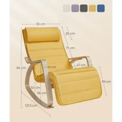 Pavil Fåtöljer>SONGMICS gungstol med armstöd, björkträ, gungstol 5-vägs justerbar, gul natur